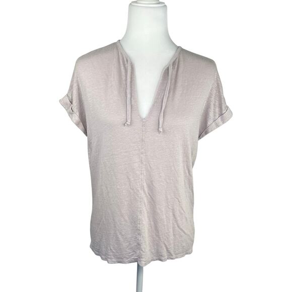 Chaser Pale Lavender Linen Blend Short Sleeve Tie-neck T-shirt - Picture 1 of 8